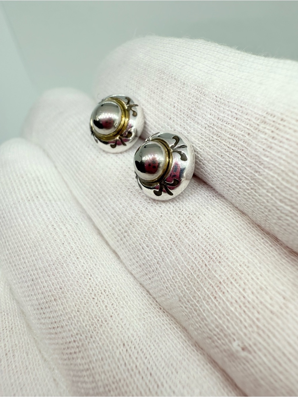 Sterling Silver Two-Tone Dome Stud Earrings - Silver & Gold Accent - Picture 4 of 14